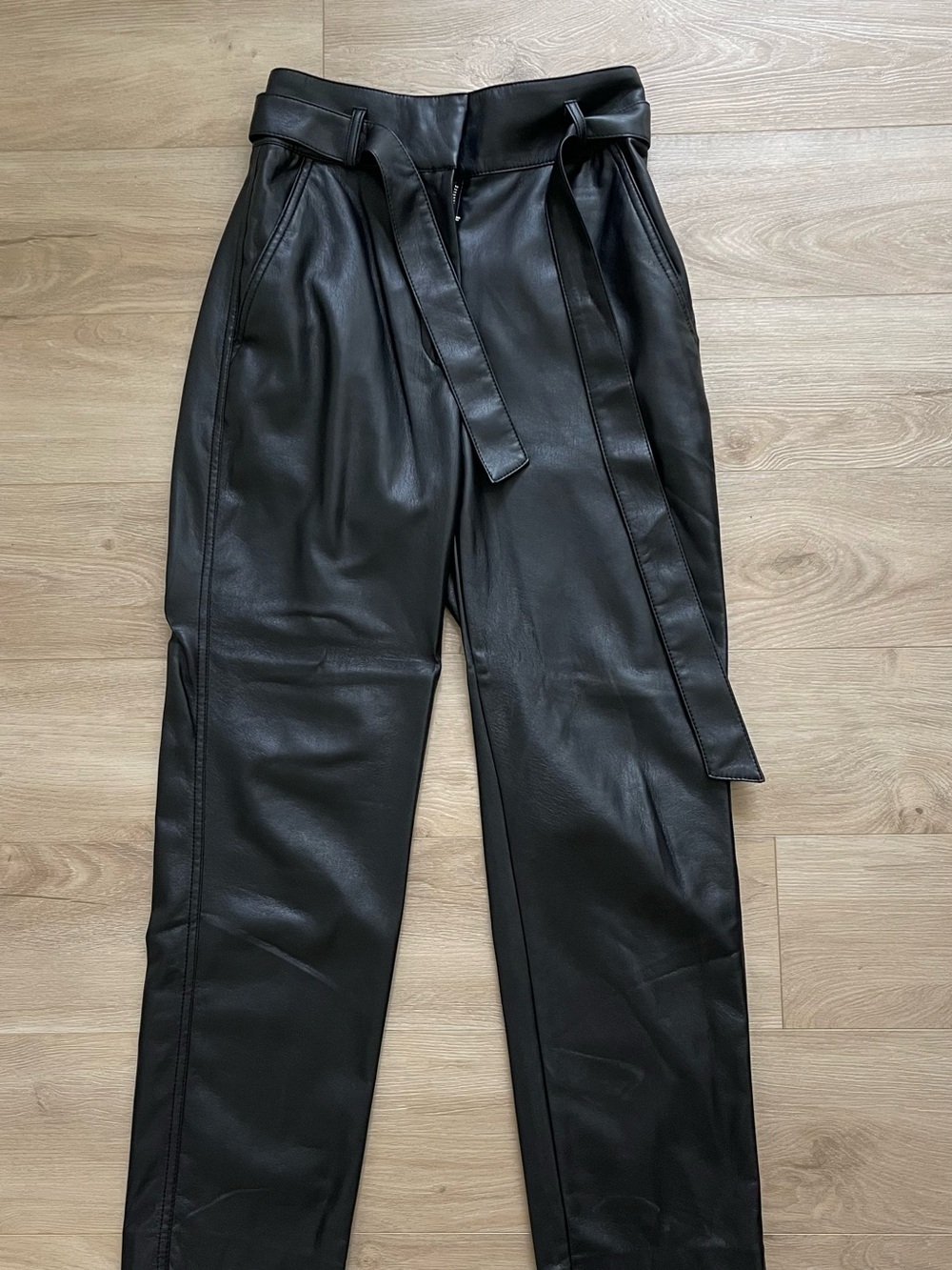 Babaton Black Faux Leather High-Waist Paperbag Pants with Tie